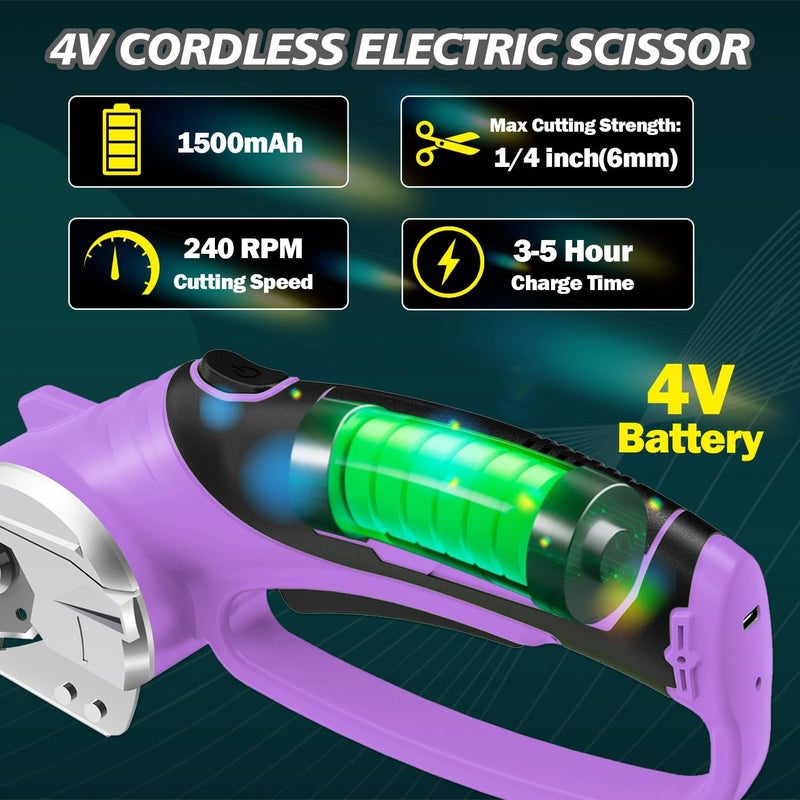 Mershca Cordless Electric Scissors, 4V Rechargeable Box Cutter & Cardboard Cutter with Titanium Blade, LED Light, Safety Lock - Rotary Cutter for Fabric, Leather, Carpet, Plastic, Crafting, Sewing(Purple) - Image 3